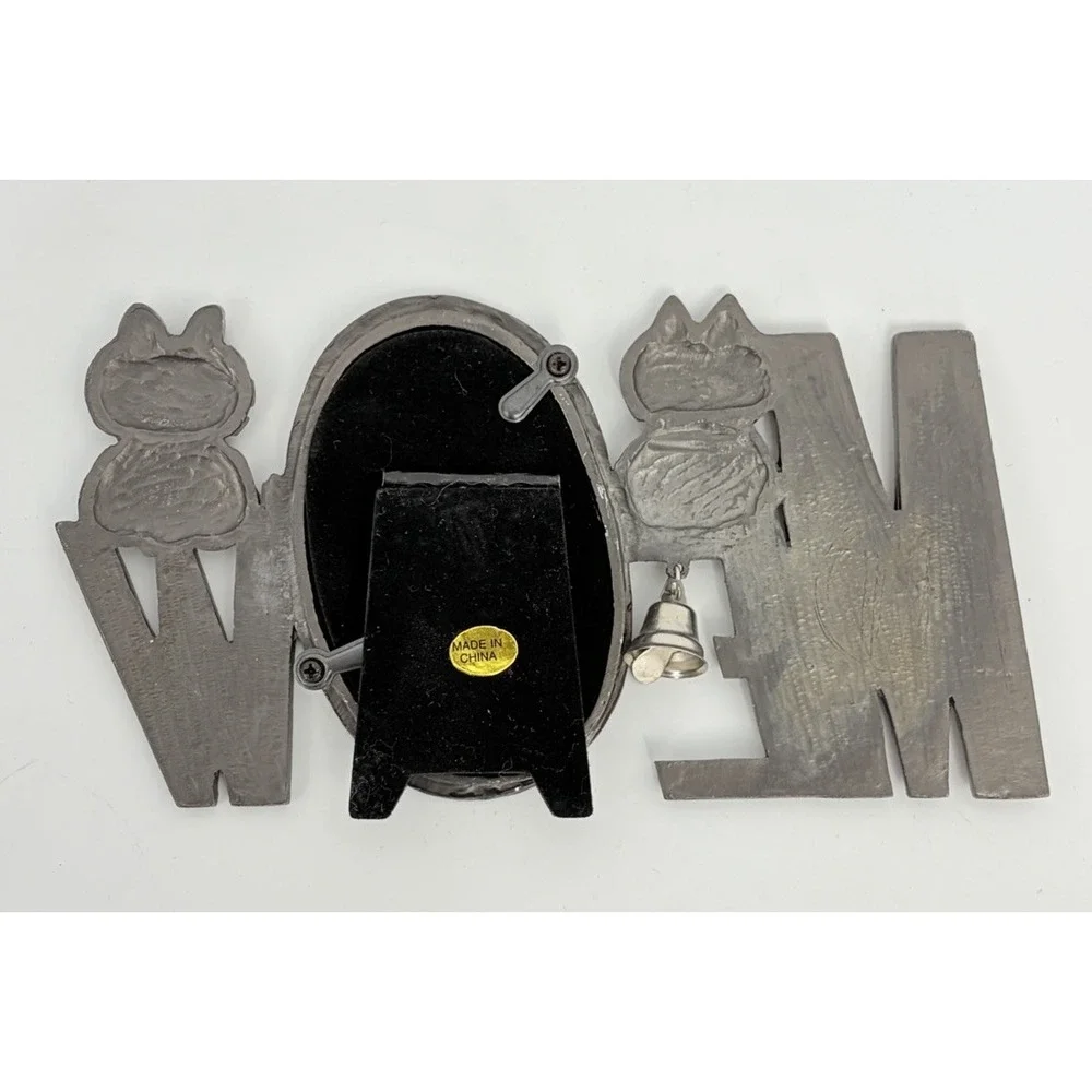 MEOW Cat Kitten Picture Frame Bell Silver Metal Glitter Oval Pewter Vintage